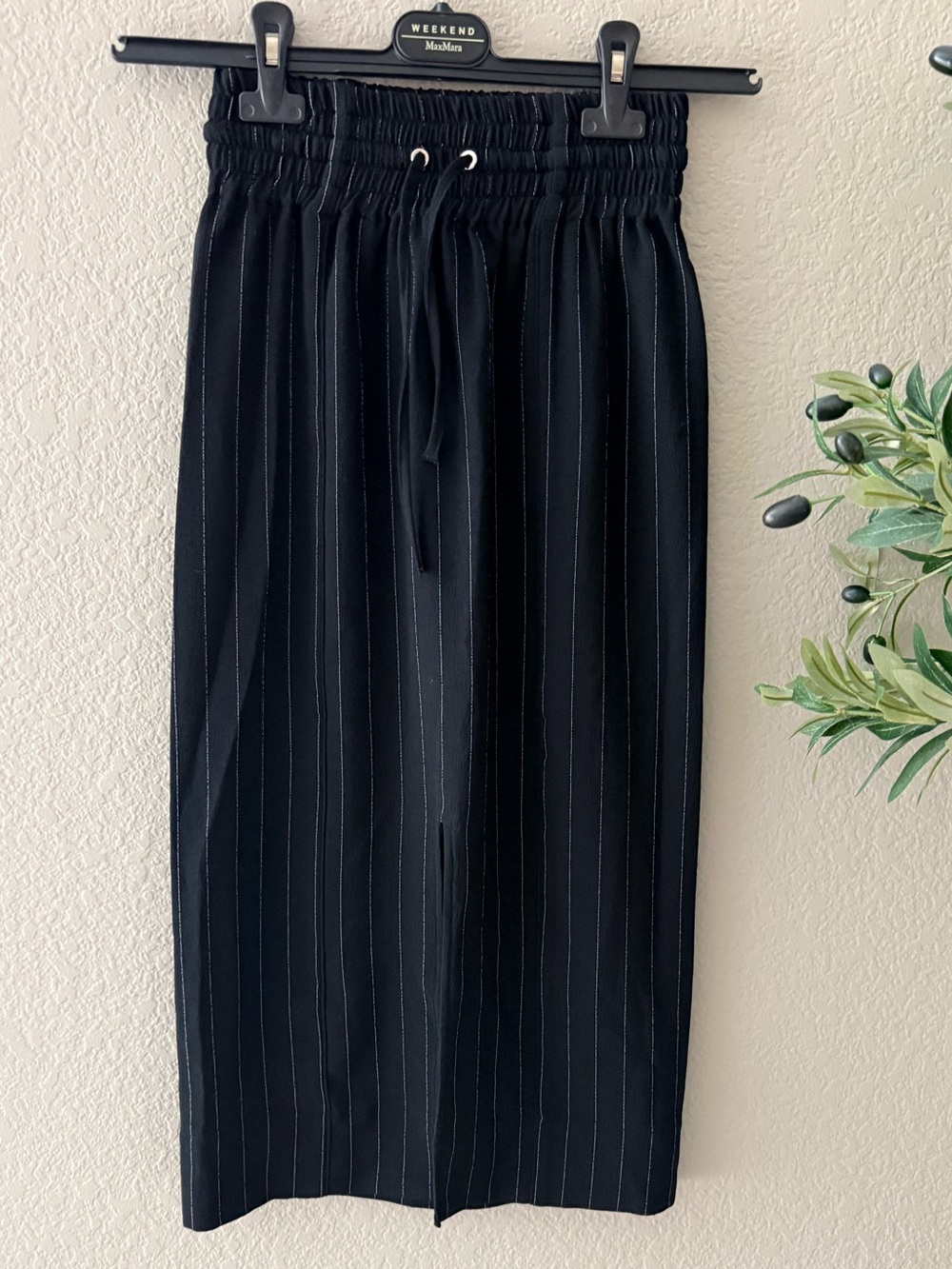 GANNI Black Pinstripe Drawstring Midi Skirt Size 32